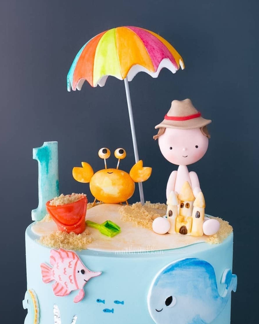 deniz ve kumsal pasta – yaz temalı 1 yaş erkek çocuk pastası