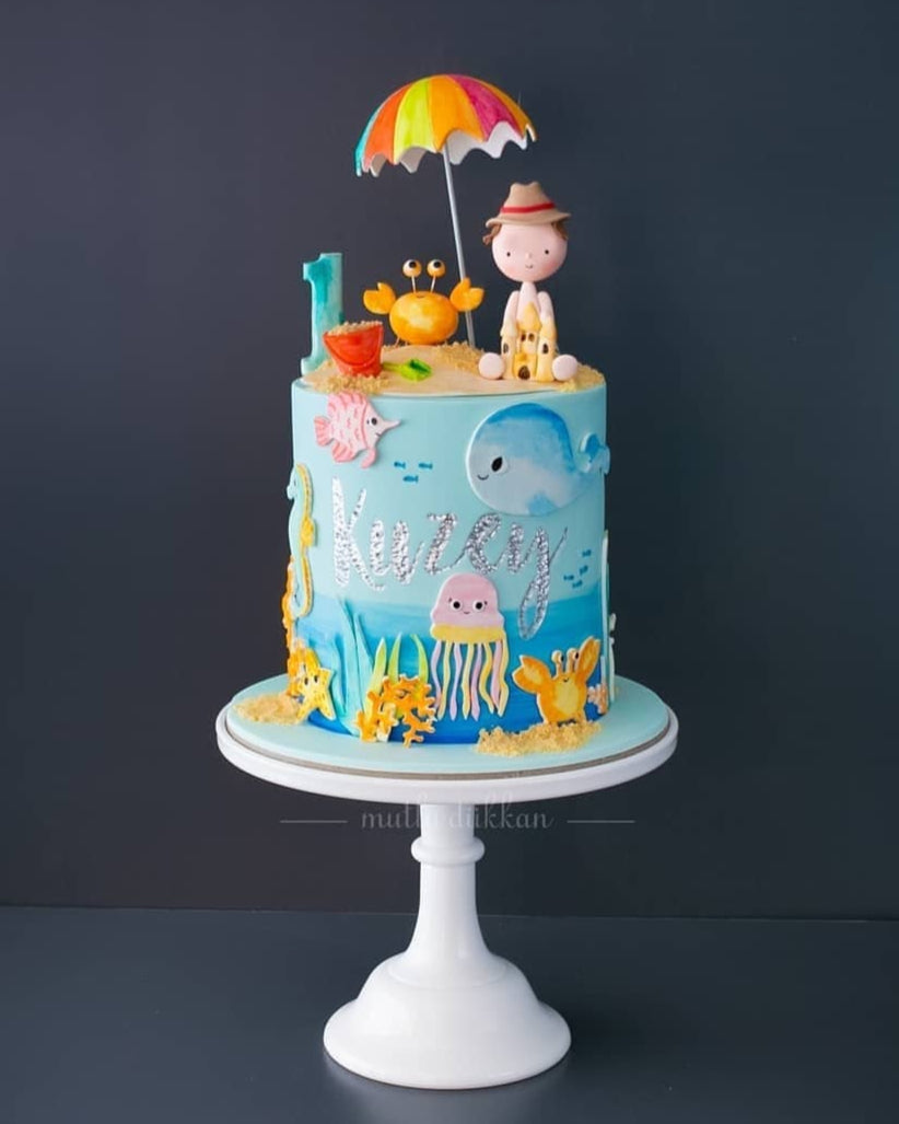 deniz ve kumsal pasta – yaz temalı 1 yaş erkek çocuk pastası