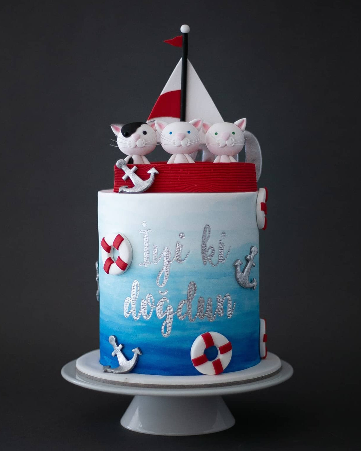 denizci kedi pasta – deniz ve tekne temalı çocuk pastası