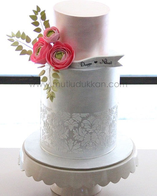 eren gül pasta – dantel desenli sedef renkli düğün pastası