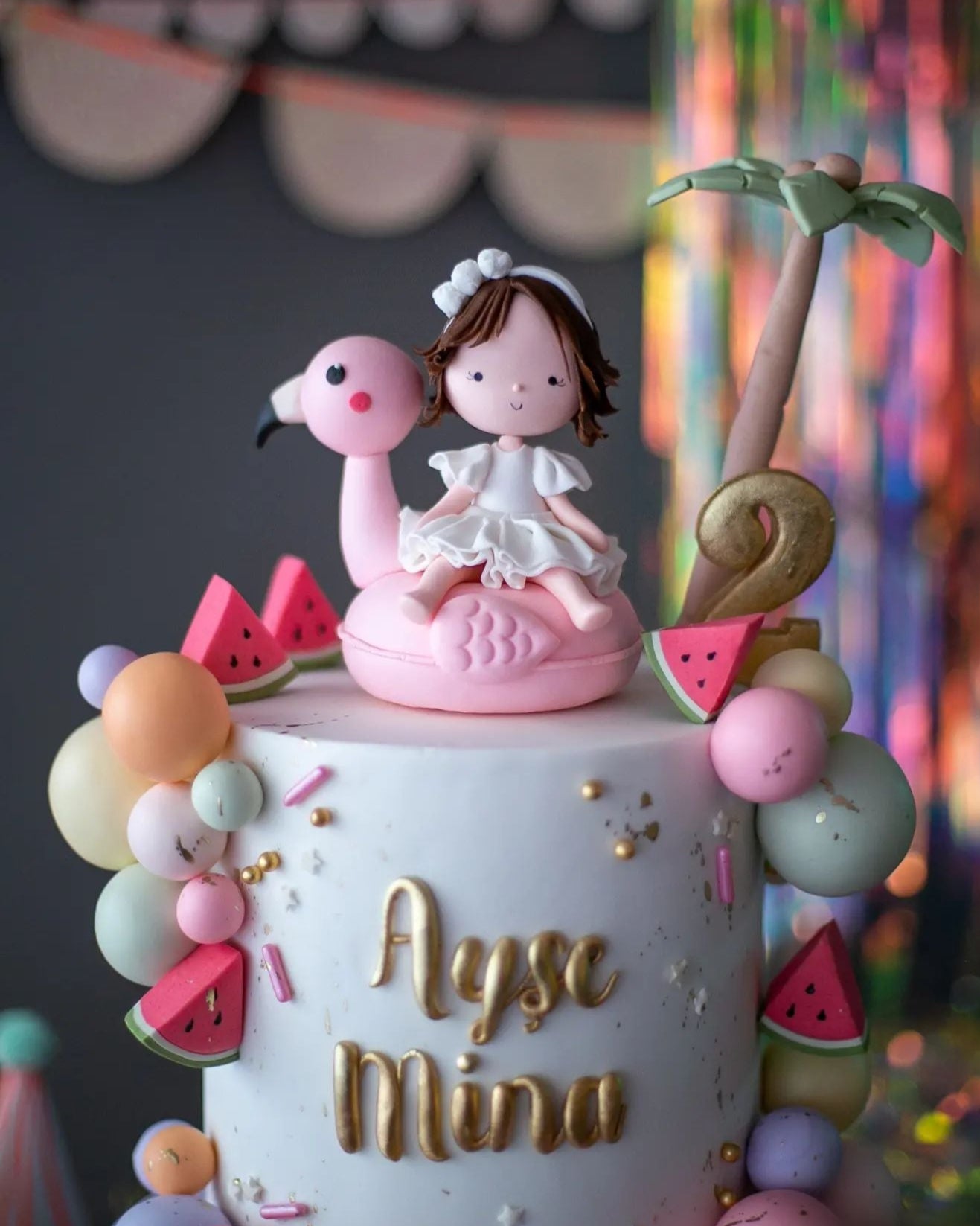 flamingo pasta – karpuz ve top temalı kız çocuk pastası