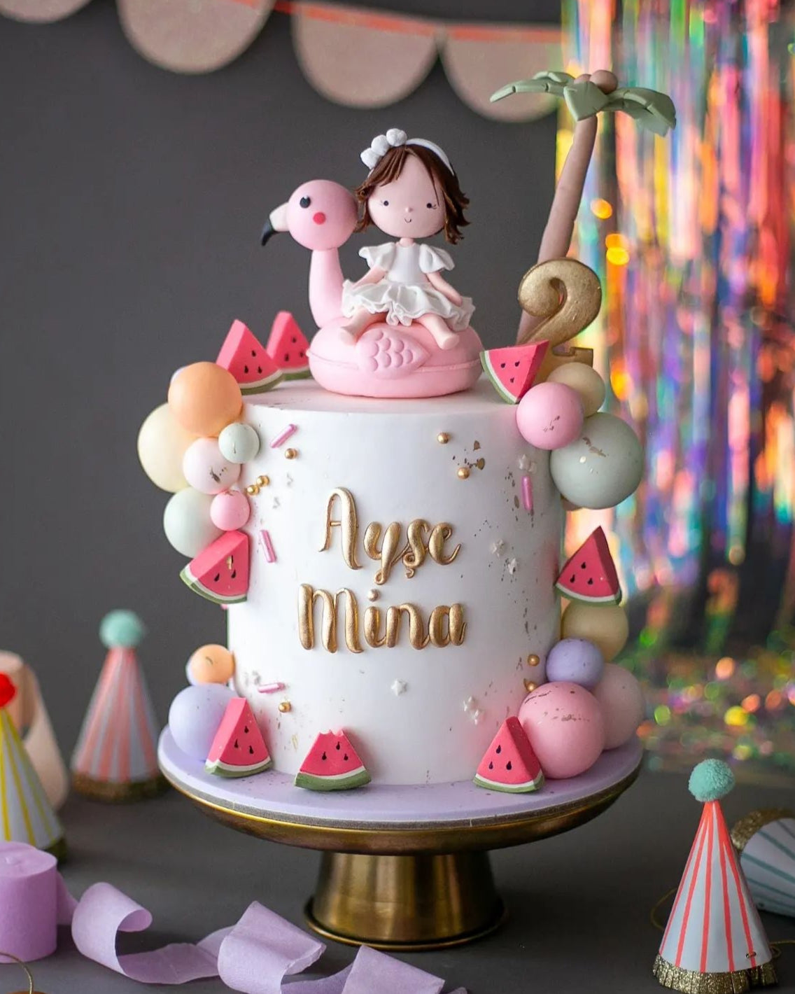 flamingo pasta – karpuz ve top temalı kız çocuk pastası