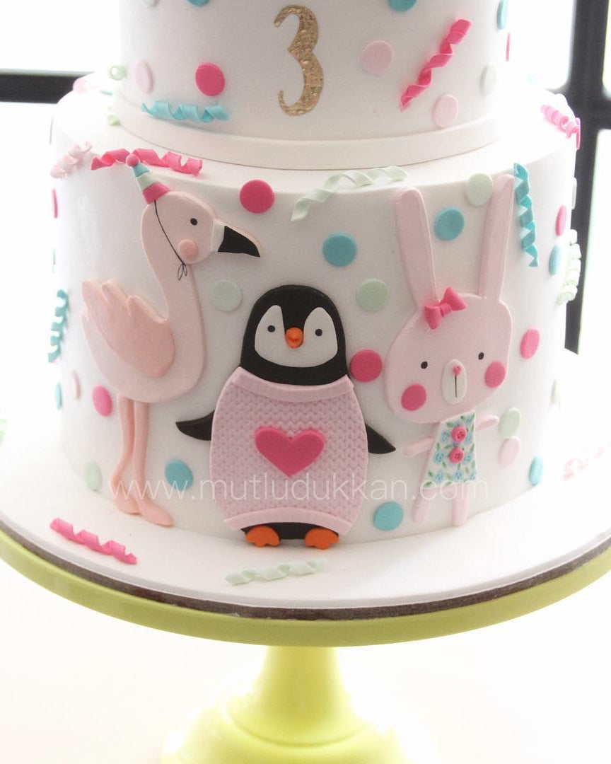 hayvan pasta – tavşan, penguen ve flamingo temalı pasta