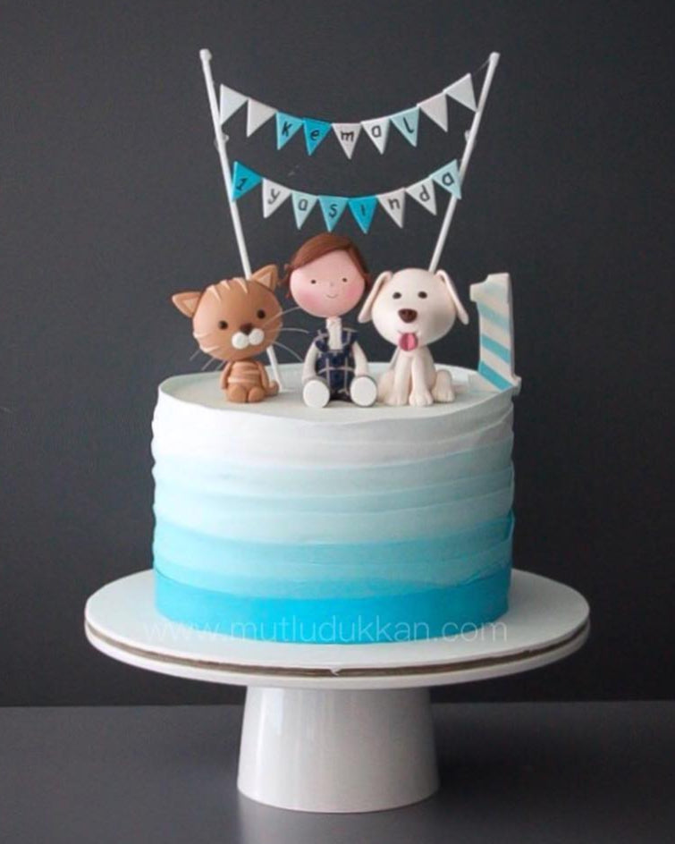 kedi köpek pasta – mavi renkte 1 yaş erkek çocuk pastası