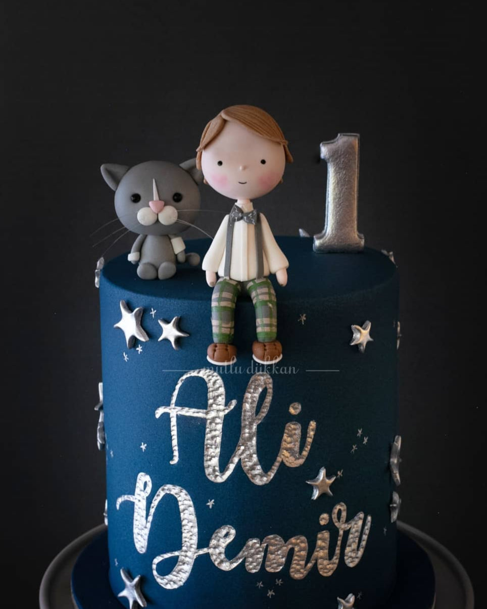 kedi pasta – yıldız süslü 1 yaş erkek çocuk pastası