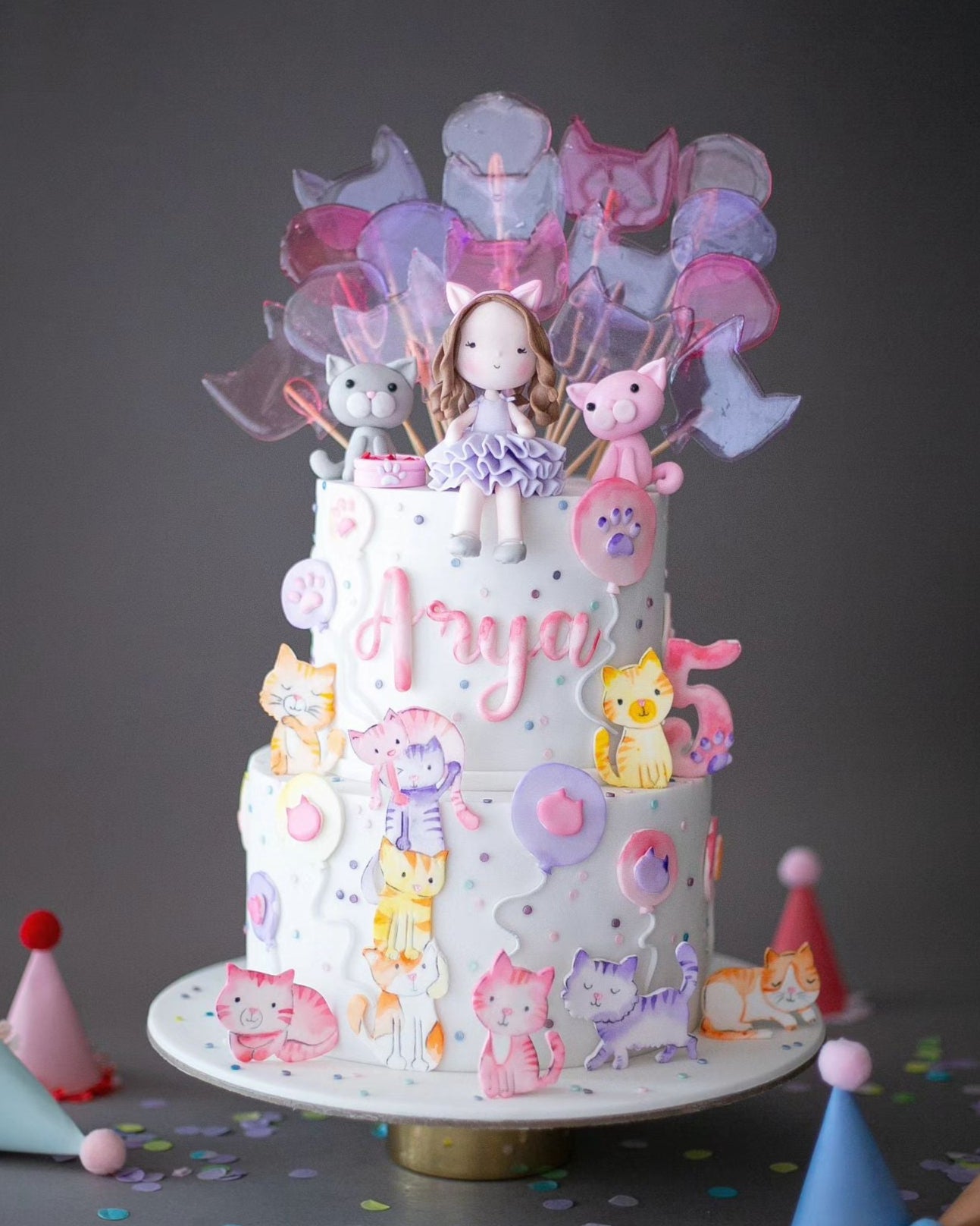 kedi pasta – pembe ve mor lolipoplu kız doğum günü pastası
