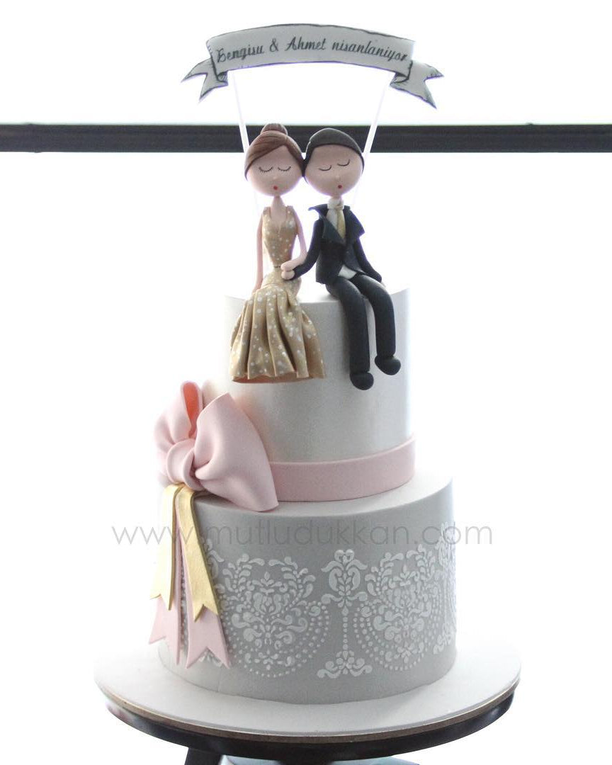 sade nişan pastası - dantel deseni süslemeli pasta