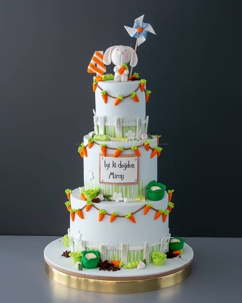 tavşan pasta – bahçe ve havuç temalı erkek çocuk pastası