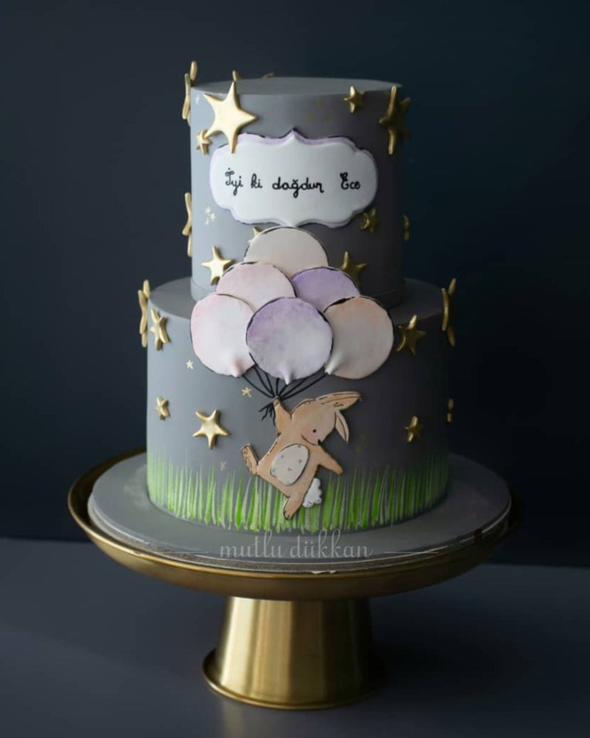 tavşan pasta – gri renkli çocuk doğum günü pastası