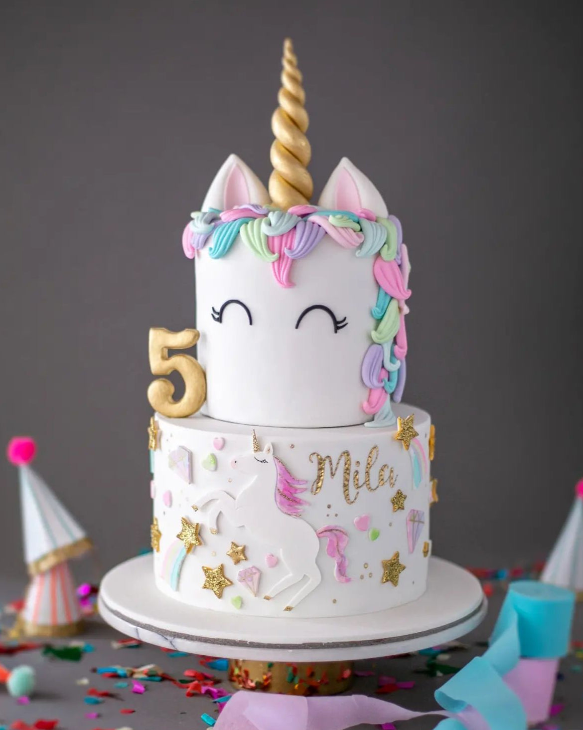 unicorn pasta – yıldız ve elmas süslemeli kız çocuk pastası