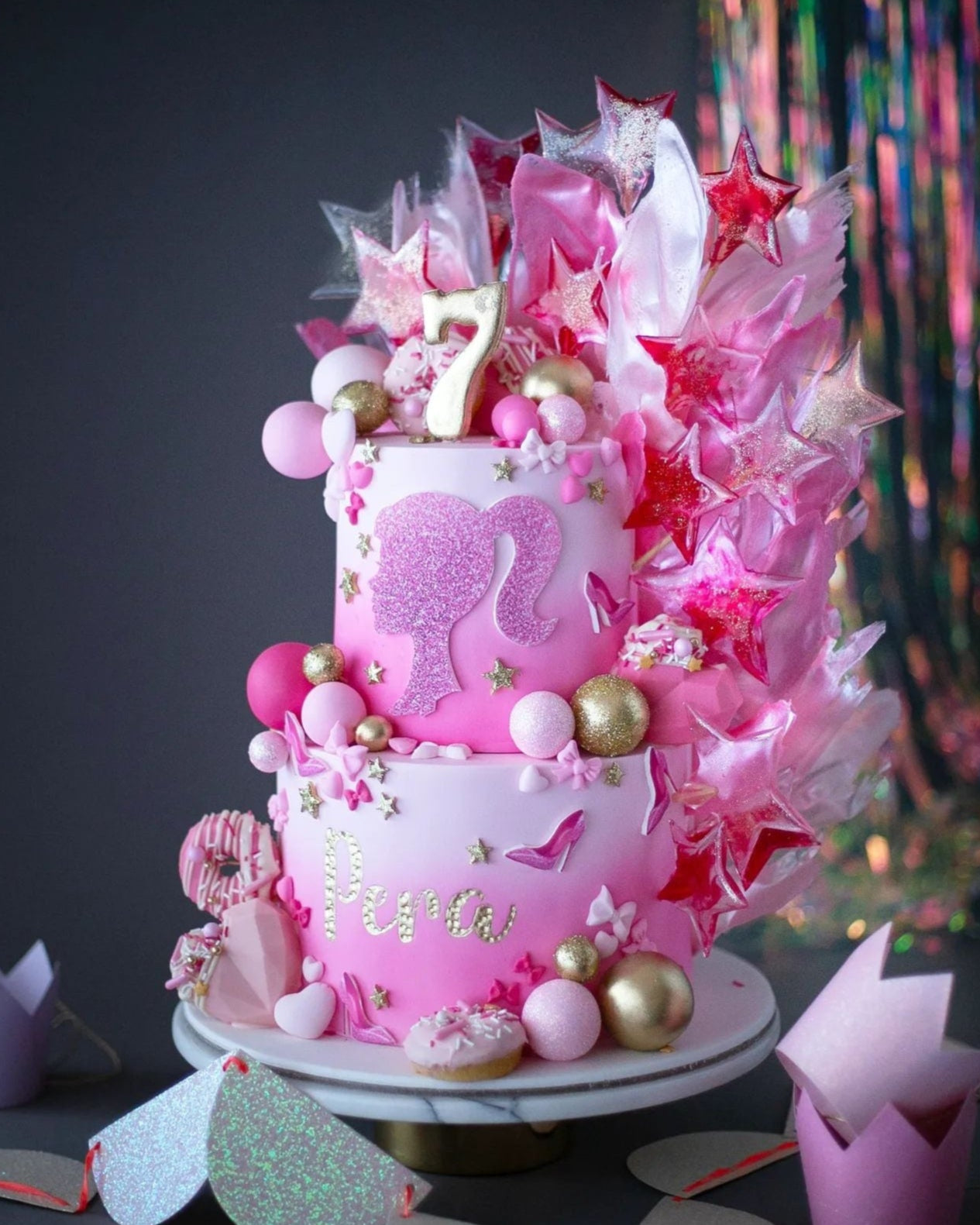 barbie pasta – pembe simli kız doğum günü pastası
