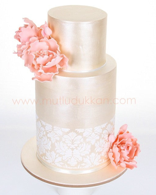 düğün pastası – şakayık süslemeli şampanya renkli pasta