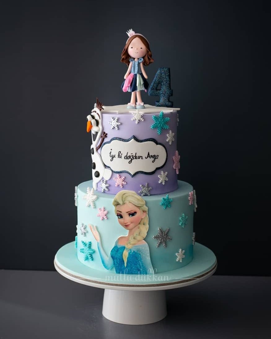elsa pasta – mor ve mavi renkli kız çocuk pastası