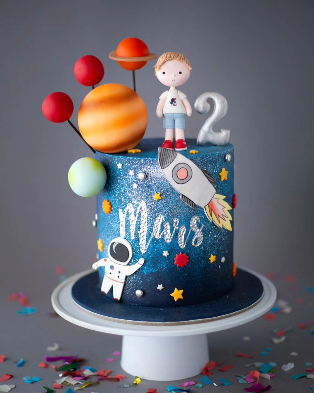 gezegen pasta – astronot ve roket temalı erkek çocuk pastası