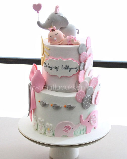 kız bebek pastası – fil süslemeli baby shower pastası