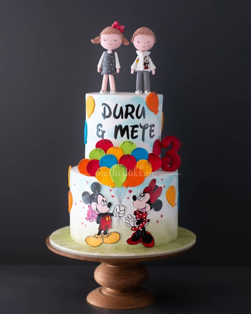 mickey minnie pasta – balon süslemeli ikiz kardeş pastası