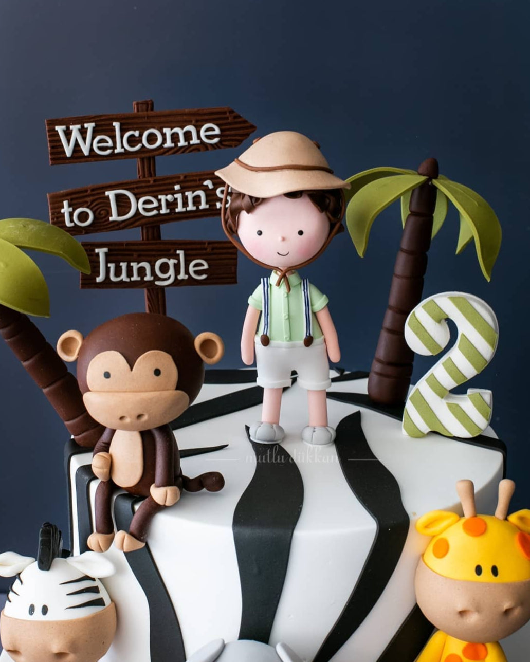 safari pasta – zebra ve maymun figürlü erkek çocuk pastası