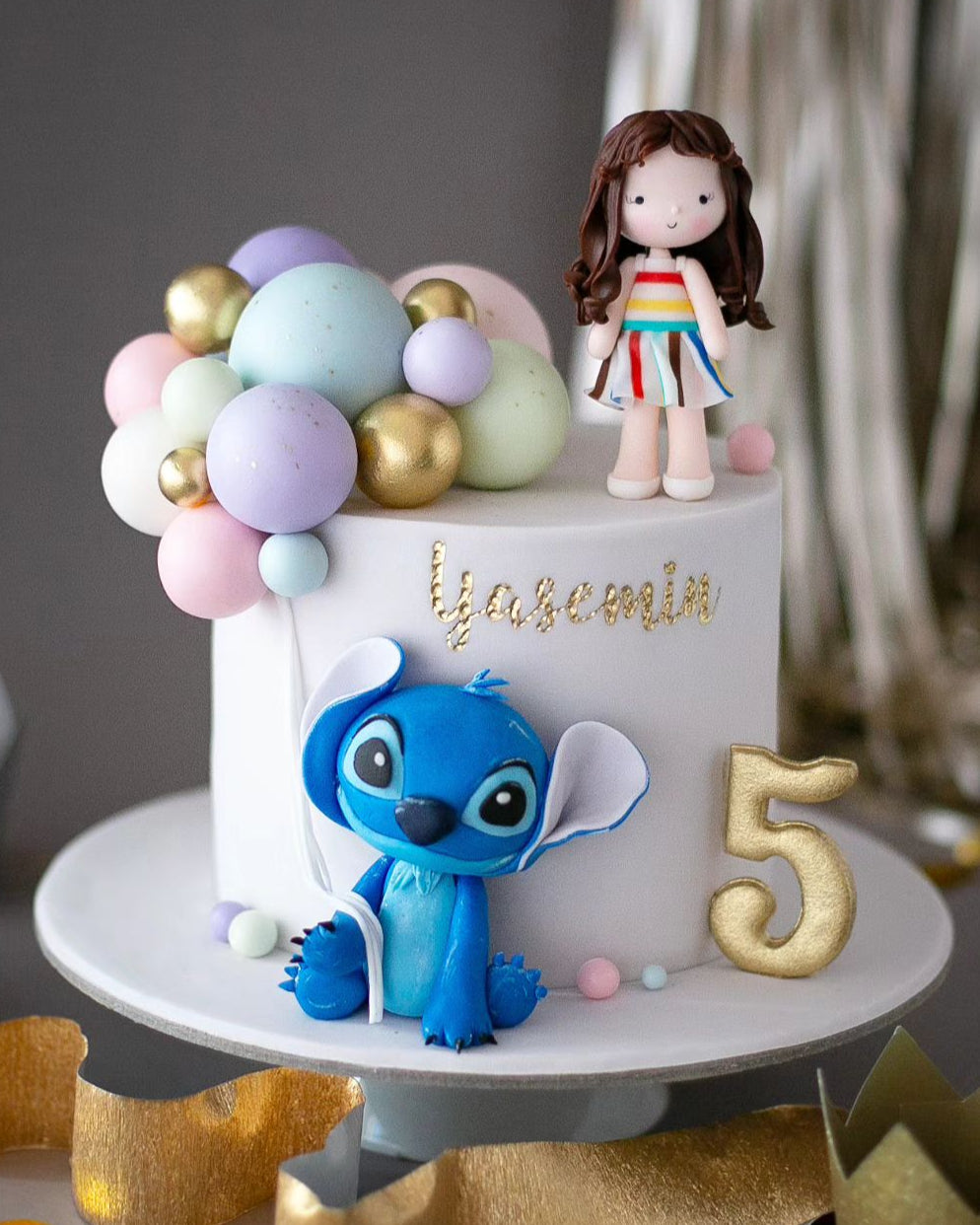 stitch pasta – pastel balonlu 5 yaş kız doğum günü pastası