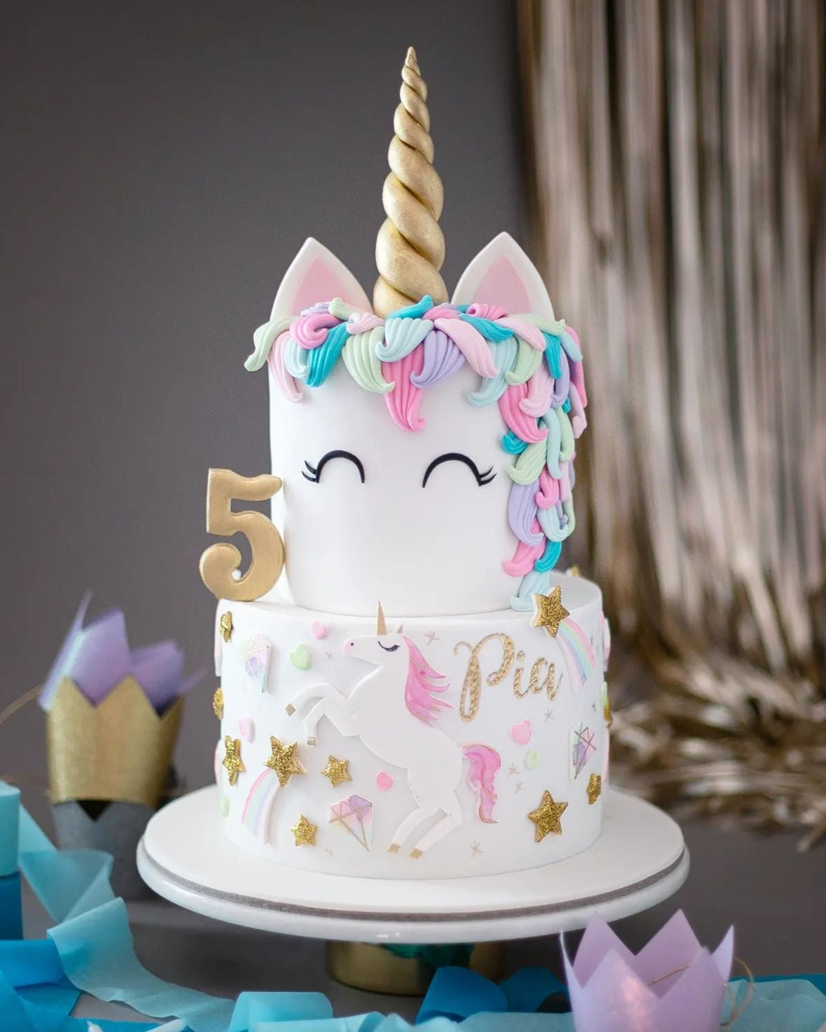 unicorn pasta – yıldız ve elmas süslemeli kız çocuk pastası